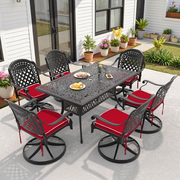 Isabella 7-Piece Cast Aluminum Patio Outdoor Dining Set with Rectangular Dining Table,6 Swivel Chairs and 6 Red Cushions