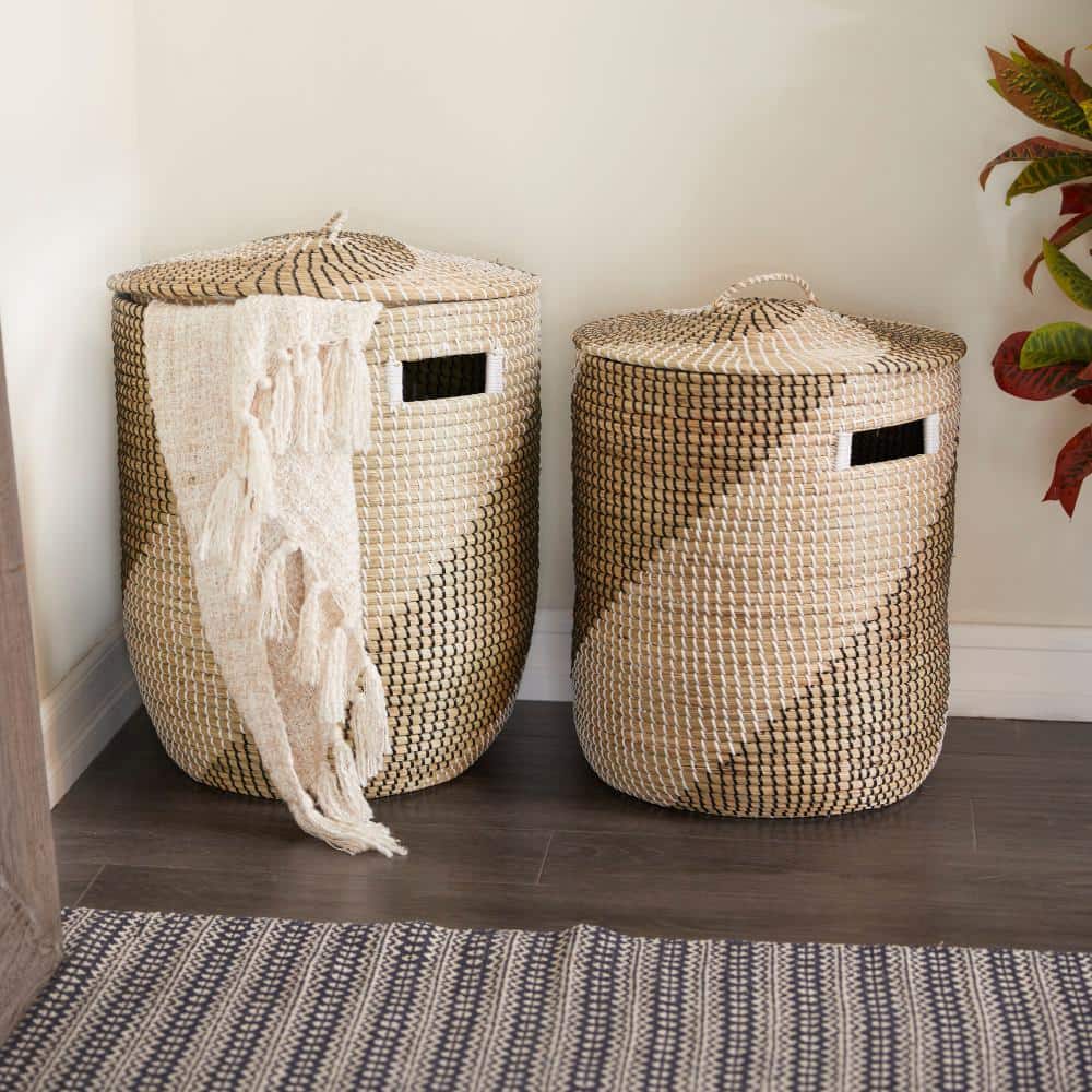 Handmade Two-Toned Seagrass Round Storage Baskets with Lids