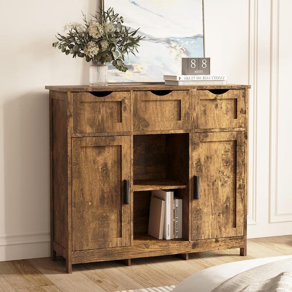 Wooden Storage Cabinet Freestanding with Adjustable Shelf and Double Door, Walnut