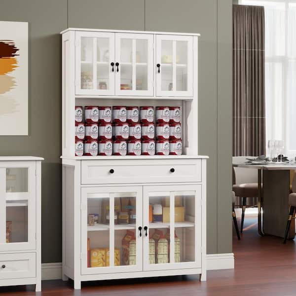 3-Shelf White Wood Pantry Organizer with Clear Glass Doors and 1 Large Drawer, Black Knobs and Handles