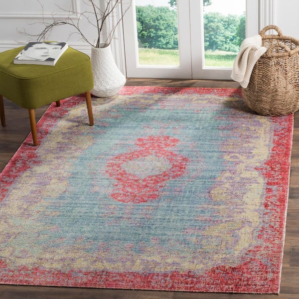Windsor 9 ft. x 13 ft. Light Blue/Fuchsia Distressed Medallion Area Rug