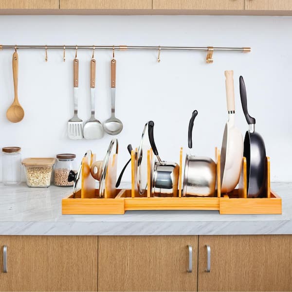 Bamboo Finish Expandable Adjustable Pot Lid Rack Kitchen Organizer with Dividers for Cabinets Large Size