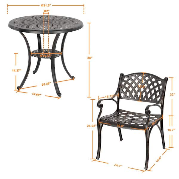 3-Piece Cast Aluminum Outdoor Bistro Set and Round Table Set with Umbrella Hole in Black with Gold-Painted Edges