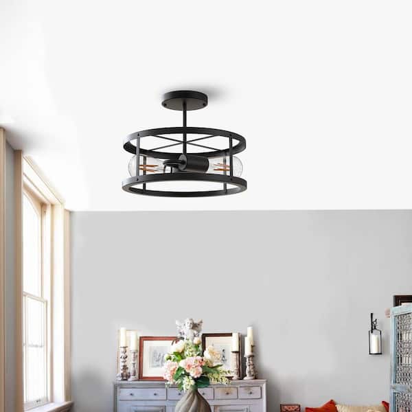 13 in. 2-Light Matte Black Drum Flush Mount