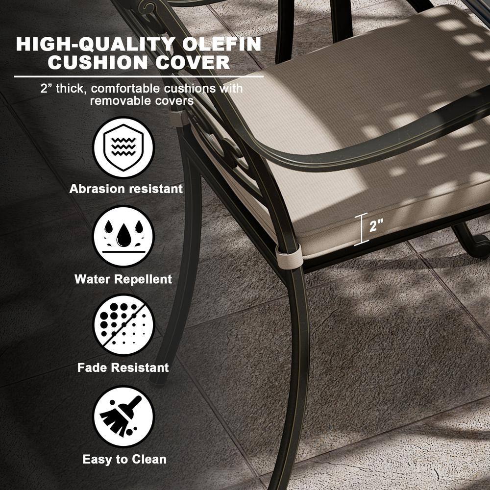 9-Piece Black Cast Aluminum Rectangular Outdoor Dining Set with Beige Cushions