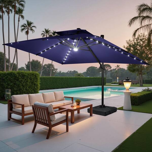 Crestlive Products 13 ft. x 10 ft. LED Lighted Cantilever Patio Umbrella in Navy Blue Aluminum Offset Umbrella with 220 lbs. Wheeled Base