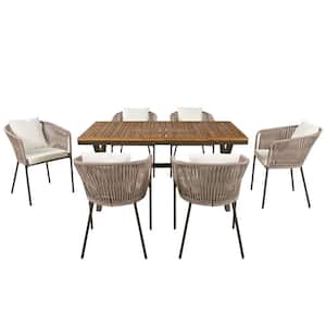 Beige 7-Pieces Wood Outdoor Sectional Set with Dining Table, Chairs and Grey Cushions, Acacia Wood Tabletop