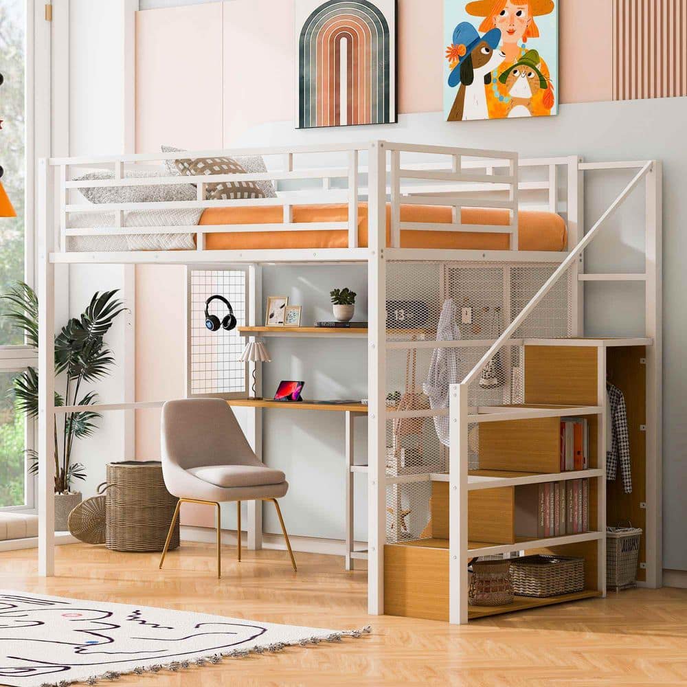 White Full Wood Loft Bed with Wardrobe, Desk, Storage Shelves