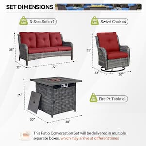 6-Piece Gray Wicker Fire Pit Conversation Set with Olefin Red Cushions and 4 Swivel Glider Chairs and Couch