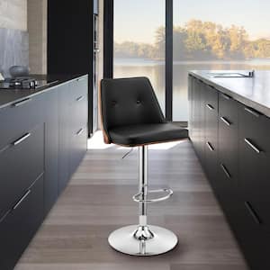 Jacob 36-44 in. H Black and Walnut Wood High Back Adjustable Swivel Bar Stool with Chrome Base