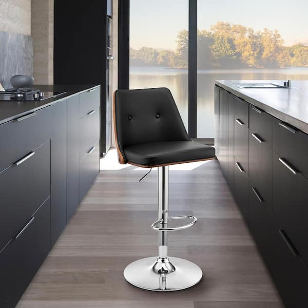 Armen Living Jacob 36-44 in. H Black and Walnut Wood High Back Adjustable Swivel Bar Stool with Chrome Base