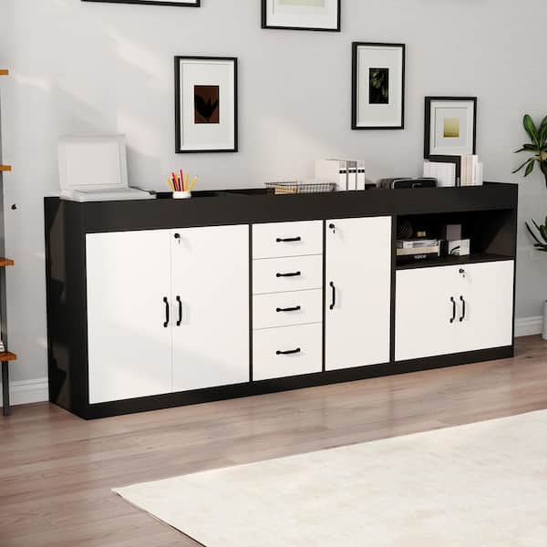 FUFU&GAGA Black and White 35.4 in. H Accent Storage Cabinet Office Storage Cabinet with 4 Drawers 7 Shelves and 3 Top Compartments