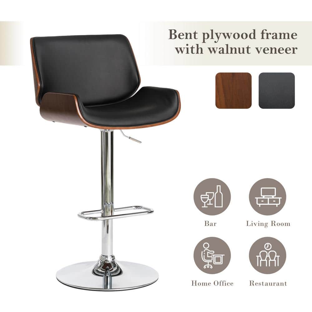 Modern Bentwood Adjustable Swivel Bar Stool Set in Black and Walnut