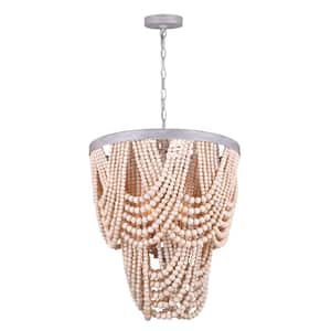 Leora 5-Light Brushed Grey Chandelier with Natural Real Wood Beads