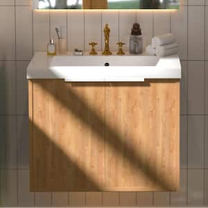 24 in.W x 18 in.D x 19 in.H Wall Mount Bath Vanity in Oak with Concealed Handle and White Resin Single Sink Top