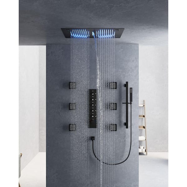 Thermostatic 31-Spray 28 x 16 in. Rectangle LED Mood Lighting Bluetooth Music Shower System with Valve in Matte Black