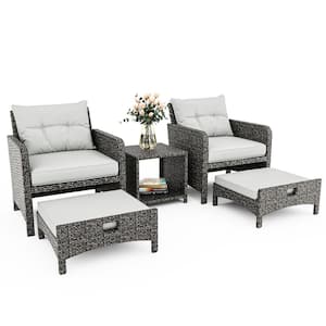 5-Pieces Wicker Patio Furniture Set Outdoor Patio Chairs with Ottomans, Gray Cushions