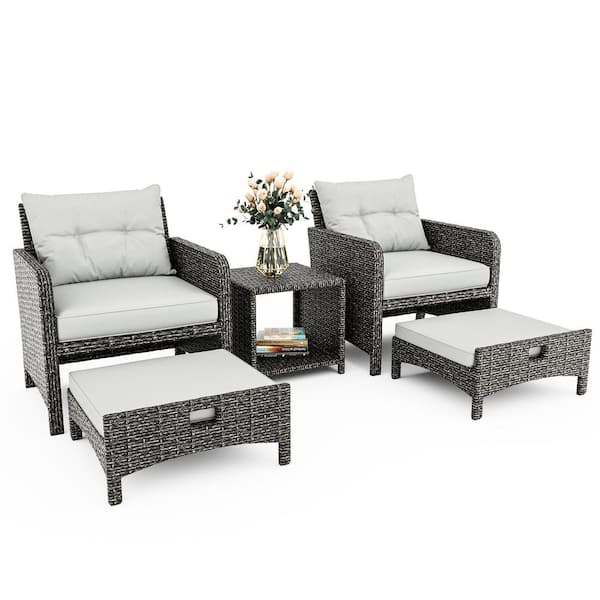 PamaPic 5-Pieces Wicker Patio Furniture Set Outdoor Patio Chairs with Ottomans, Gray Cushions