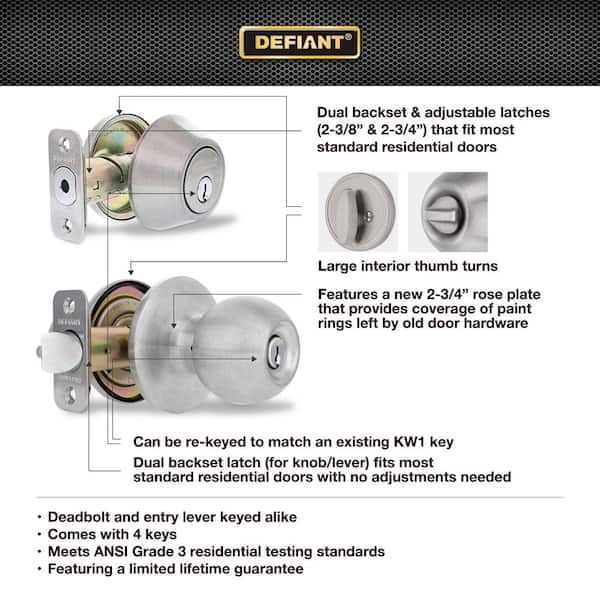Defiant Saturn Stainless Steel Keyed Alike Knob Combo Pack with