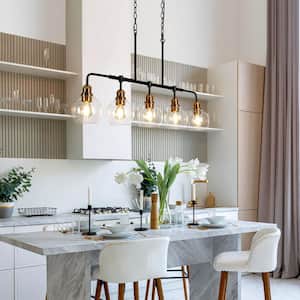 Transitional Kitchen Island Linear Chandelier 5-Light Black and Brass Chandelier with Seeded Glass Shades