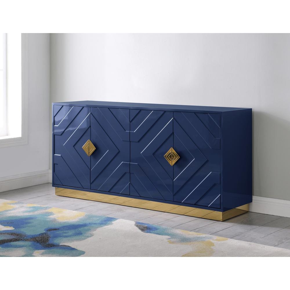 Navy 65" Wood Sideboard with Gold Accents and Soft-Close Drawers