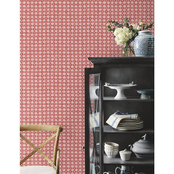 Daisy Gingham Red Floral Check Premium Peel and Stick Wallpaper