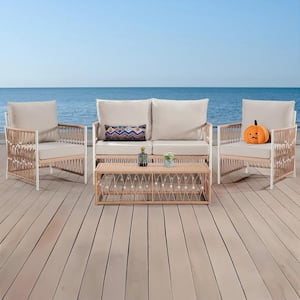 4-Piece Wicker Patio Conversation Set with Beige Cushion, Waterproof and Weather Resistant