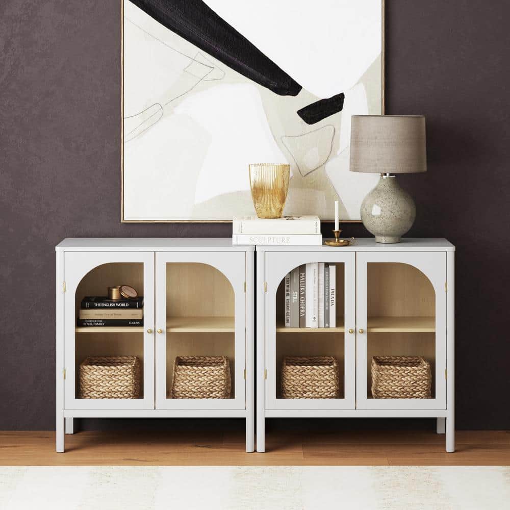 Mason Accent Sideboard Buffet with Glass Doors And Adjustable Shelves, Clear Glass/White/Light Oak, Set of 2