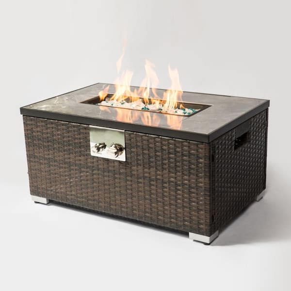 Hgven 32 in. Rectangular Brown Propane Gas Fire Pit Table with Tile Tabletop and Wicker Base 50000 BTU Outdoor
