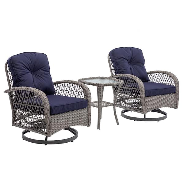Tenleaf Grey 3-Piece Patio Wicker Conversation Set with Navy Blue Cushions