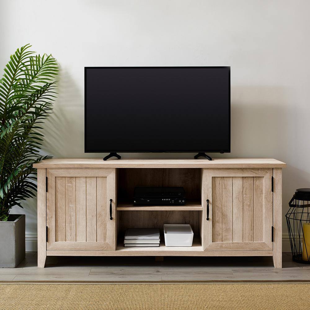 Transitional Grooved-Door 58" White Oak TV Stand with Cabinet