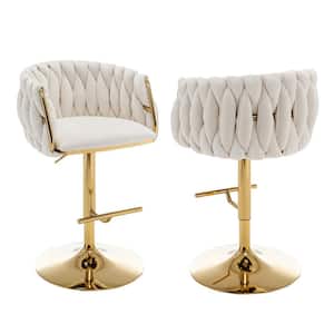 Earl 25 in. 33 in. Upholstered Cream Low Back Gold Metal Frame Adjustable Bar Stool With Velvet Fabric (Set of 2)