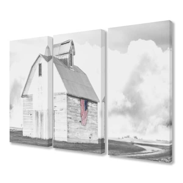 16 in. x 24 in. "White Barn with American Flag Black and Grey" by Milli Villa Canvas Wall Art (3-Piece)
