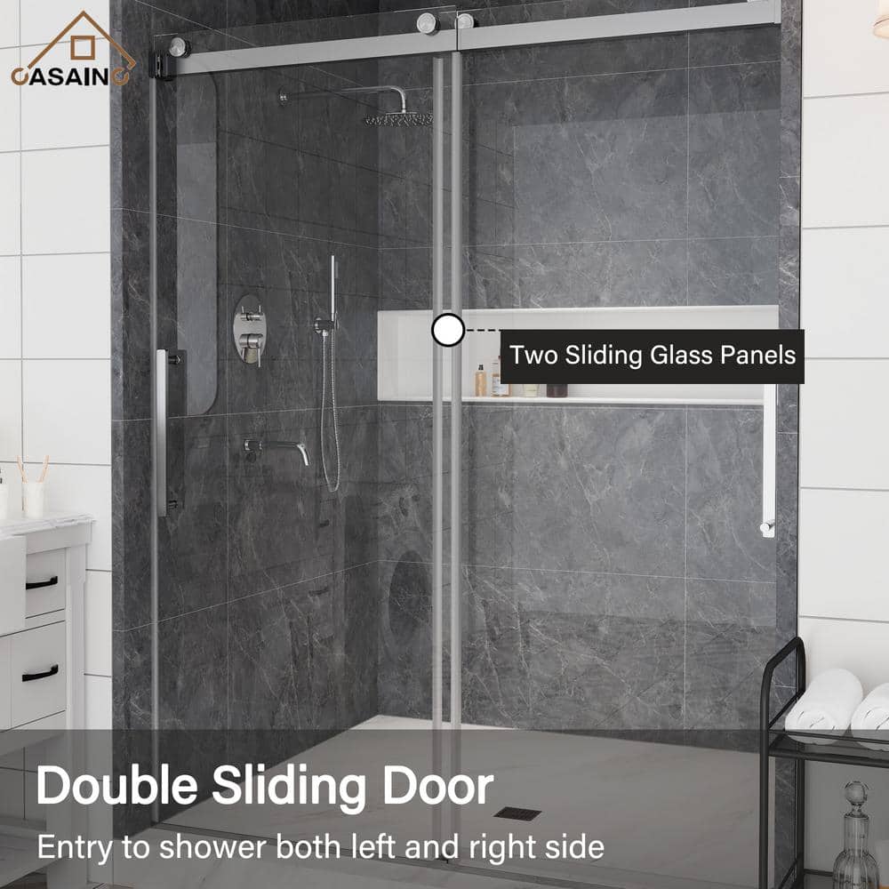 60" x 76" Frameless Brushed Nickel Double Sliding Shower Door