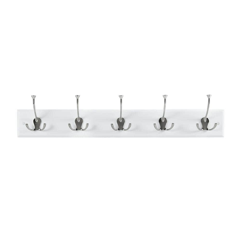 White Wall Mounted Coat Rack with 5 Silver Metal Hooks