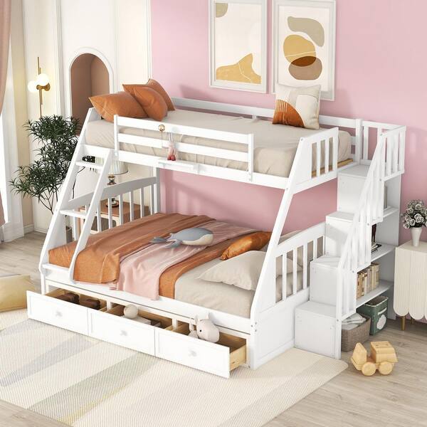 Polibi White Twin-over-Full Bunk Bed with Drawers，Ladder and Storage Staircase