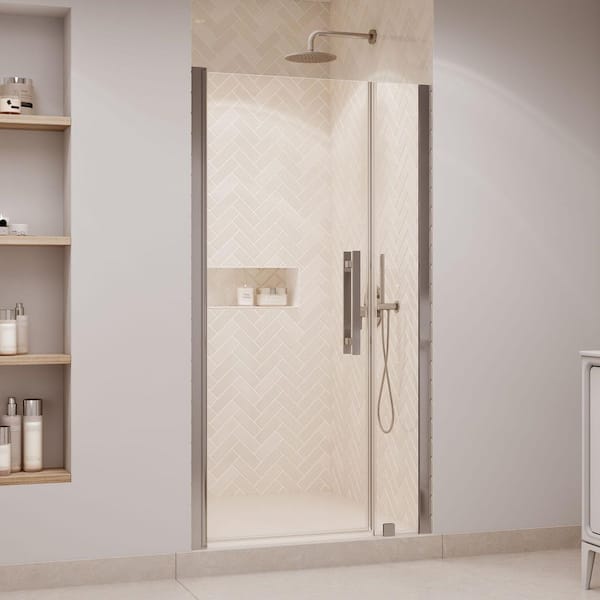 Pasadena 41.38 in. Max Width x 72.01 in. H Pivot Alcove Frameless Shower Door in Satin Nickel