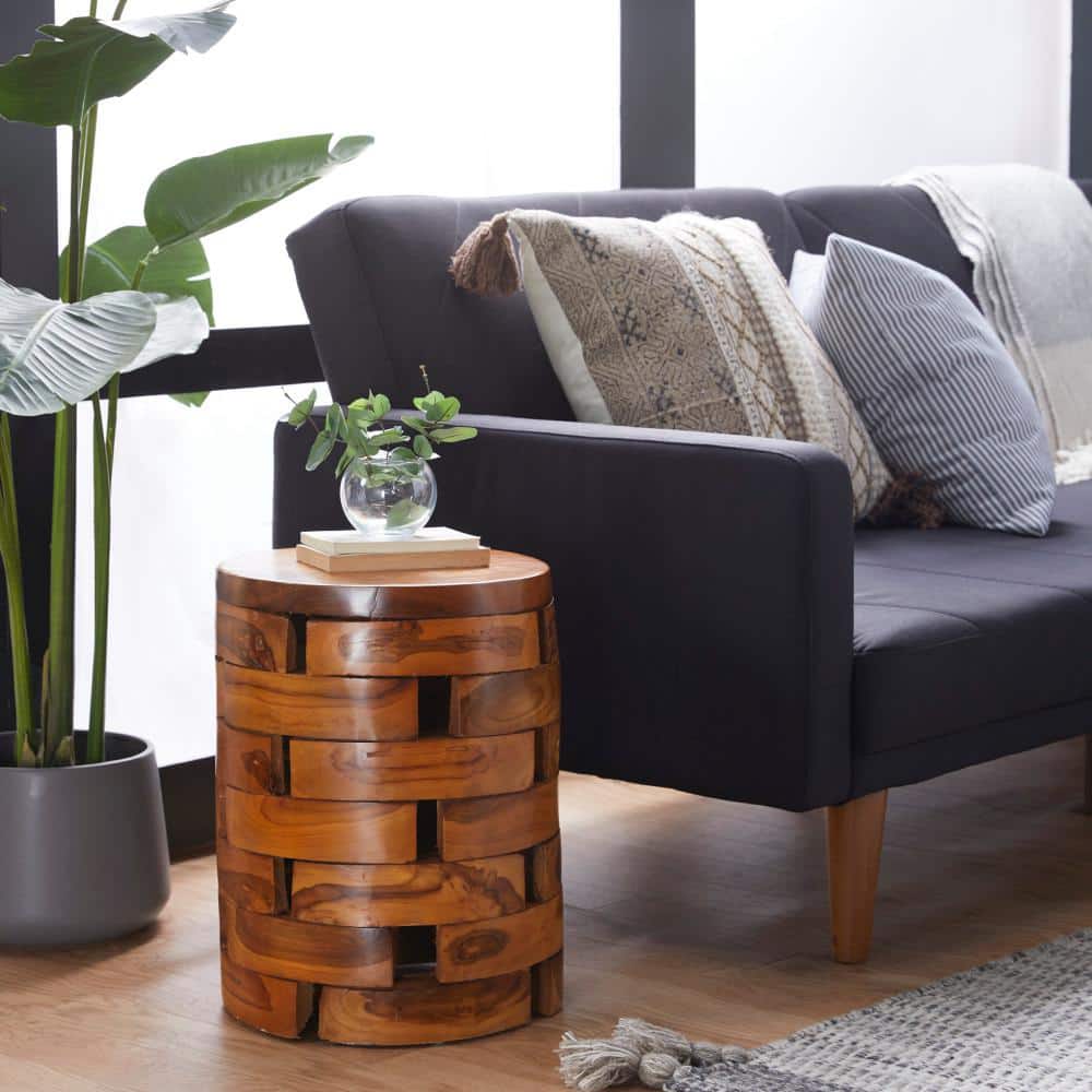Light Brown Teak Wood Round Live Edge Accent Table 14" x 18"