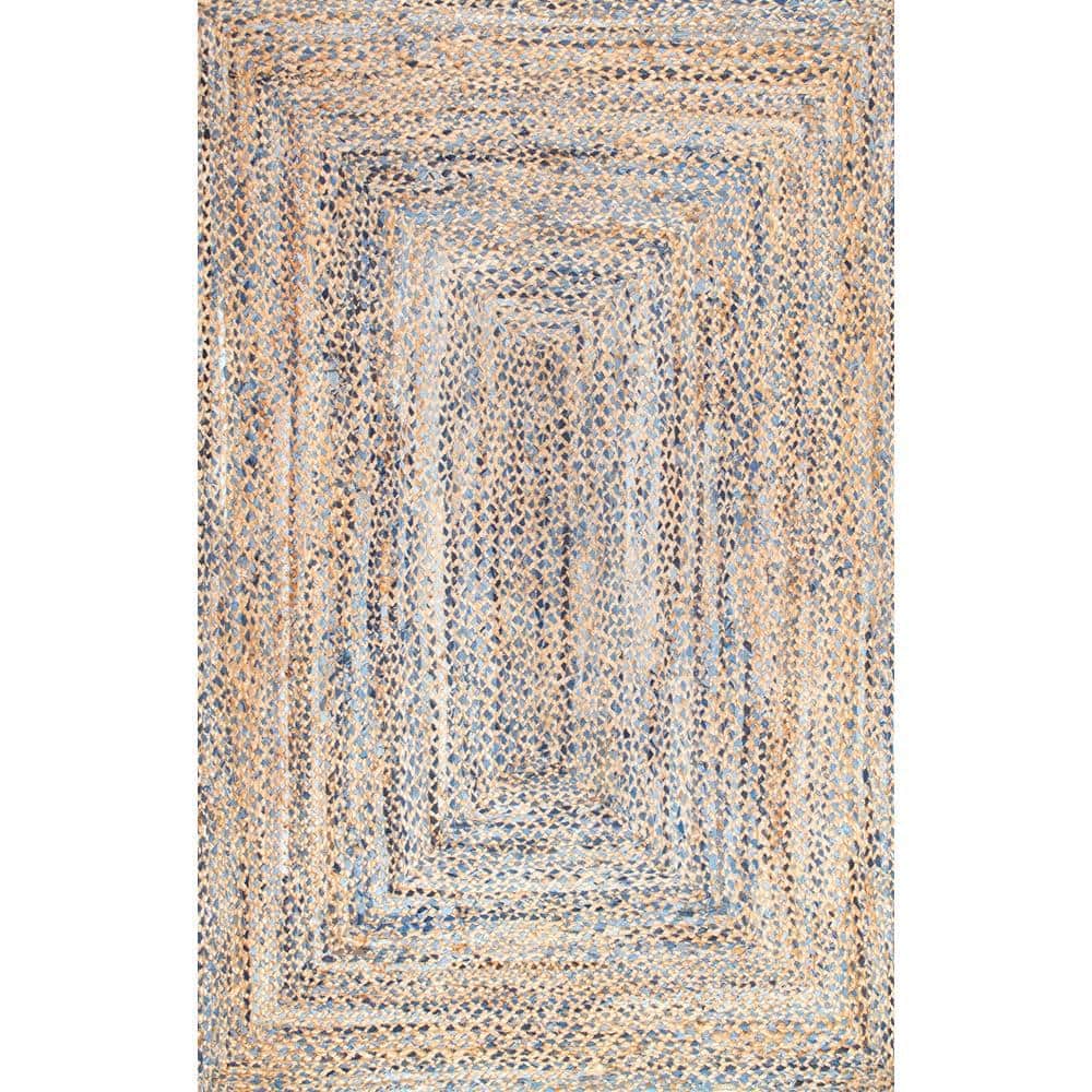 Handmade Blue and Beige Braided Cotton Rectangular Rug