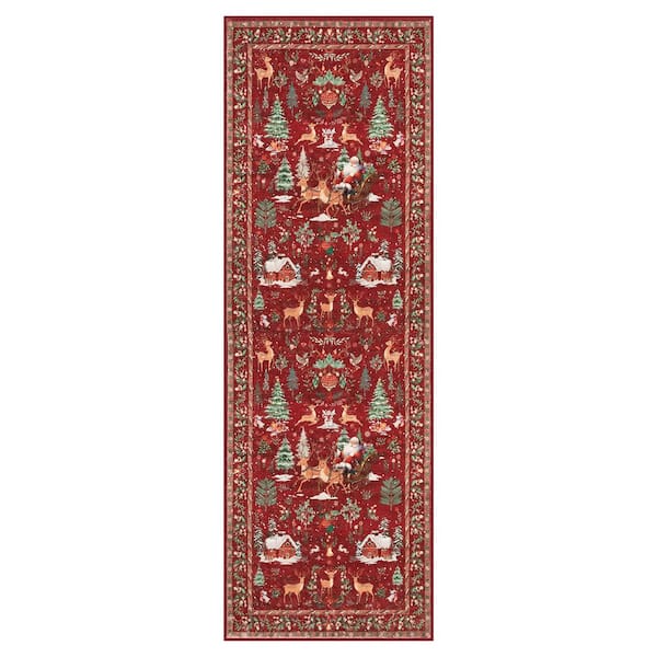 2 ft. x 6 ft. Red Holiday Woodland Washable Runner Rug