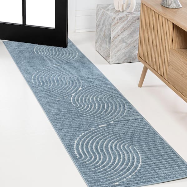 Hallie High-Low Minimalist Curve Geometric Dark Blue/Cream 2 ft. x 8 ft. Indoor/Outdoor Runner Rug