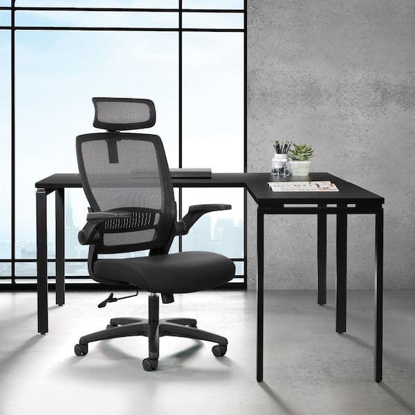 Polyester Molded Foam Seat Mesh Back Adjustable Height Ergonomic Managers Chair in Black with Headrest