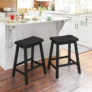 24 in. Black Wood Backless Saddle Counter Stool, Bar Stool (Set of 2)