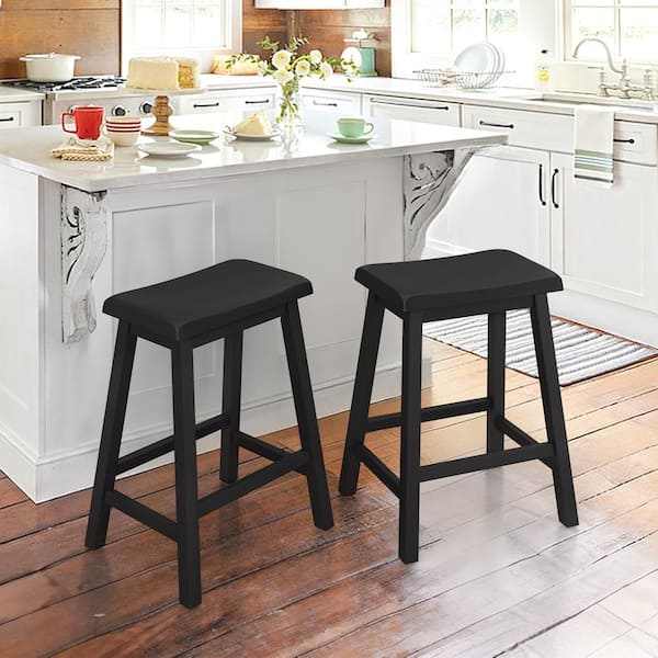 OrangeOne 24 in. Black Wood Backless Saddle Counter Stool, Bar Stool (Set of 2)