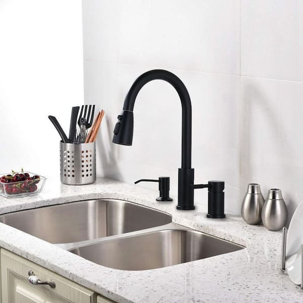Single Handle Pull Down Sprayer Kitchen Faucet with Soap Despenser in Matte Black
