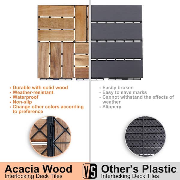 Siavonce 20-piece Interlocking Deck Tiles Checker Pattern, 12 in. x 12 in. Square Yellow Acacia Hardwood Outdoor Flooring