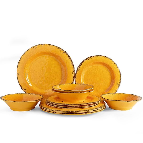 12-Piece Gold Melamine Dinnerware Set, Lightweight and BPA Free Service for 4 for Indoor Outdoor Use