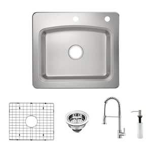 Belmar Dual Mount 18-Gauge Stainless Steel 25 in. 2-Hole Single Bowl Kitchen Sink with Grid, Drain, Pre-Rinser Faucet