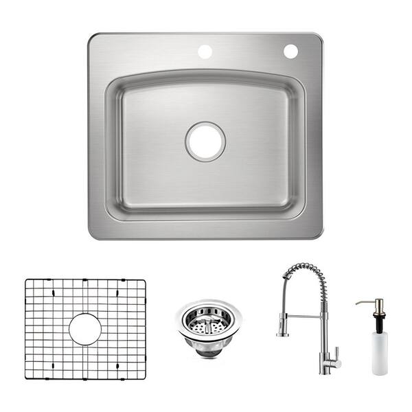 All-in-One Dual Mount 18-Gauge Stainless Steel 25 in. 2-Hole Single Bowl Kitchen Sink with Pull-Out Kitchen Faucet All-in-One Dual Mount 18-Gauge Stainless Steel 25 in. 2-Hole Single Bowl Kitchen Sink with Pull-Out Kitchen Faucet