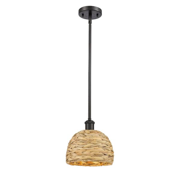 Innovations Woven Rattan 100-Watt 1-Light Oiled Brass Shaded Mini Pendant Light with Rattan Shade